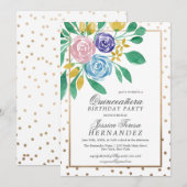 Invitation Ressort Floral or Confetti Aquarelle Quinceañera (Devant / Derrière)