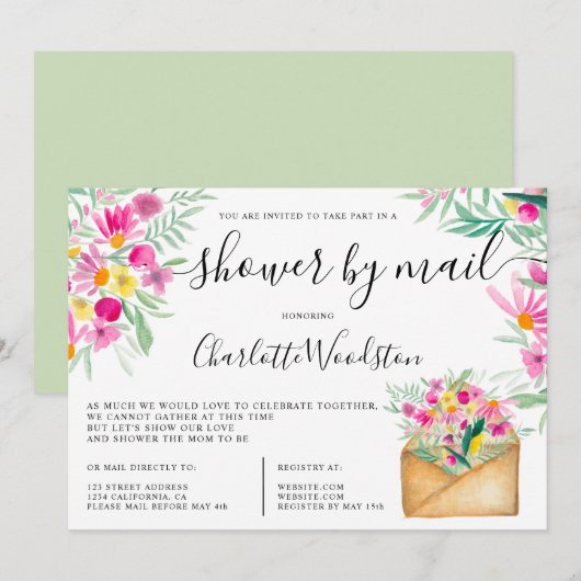 Invitation Ressort mignon baby shower d'aquarelle florale par (Devant / Derrière)