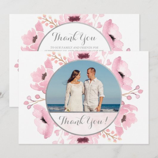 Invitation Ressort rose aquarelle Mariage Floral Merci (Devant / Derrière)