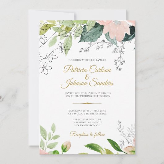 Invitation Ressort vert fleuri aquarelle mariage rustique (Devant)