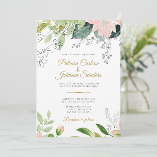Invitation Ressort vert fleuri aquarelle mariage rustique (Debout devant)