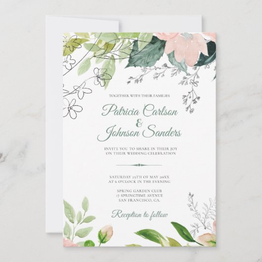 Invitation Ressort vert fleuri aquarelle mariage rustique (Devant)