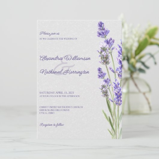 Invitation Ressorts simples de lavande sur Mariage gris mou (Debout devant)