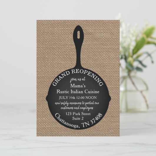 Invitation Restaurant Grand Réouverture Burlap Sketch (Debout devant)