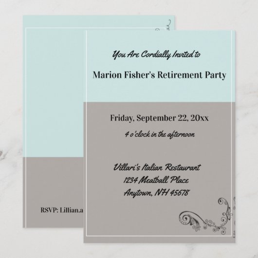 Invitation Restaurant simple Mint Blue Grey Retraite Party (Devant / Derrière)