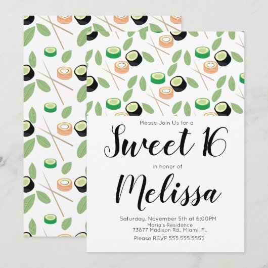 Invitation Restaurant Sweet 16 Hibachi Grill Sushi Rolls (Devant / Derrière)