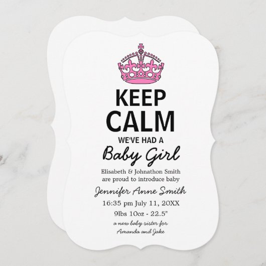Invitation Restez Calme Nous avons eu une petite fille, un bé (Devant / Derrière)