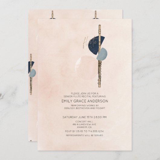 Invitation Résumé de récital de flûte Abstrait Rose Pâle & Bl (Devant / Derrière)