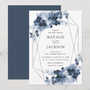 Invitation Résumé Fleurs d'Indigo   Mariage Cadre Géométrique