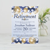 Invitation Retirement Navy Gold Balloons Party (Debout devant)