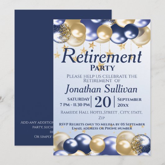 Invitation Retirement Navy Gold Balloons Party (Devant / Derrière)