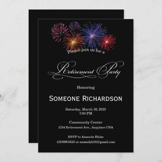 Invitation Retirement Party Announcement with Fireworks (Devant / Derrière)