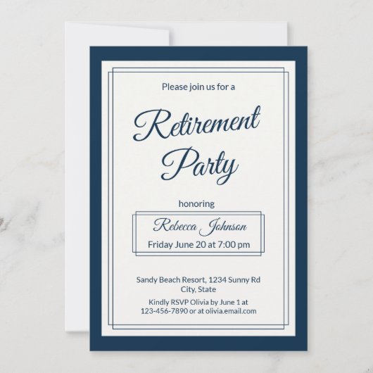 Invitation Retirement Party Classic Simple Navy And Cream (Devant)