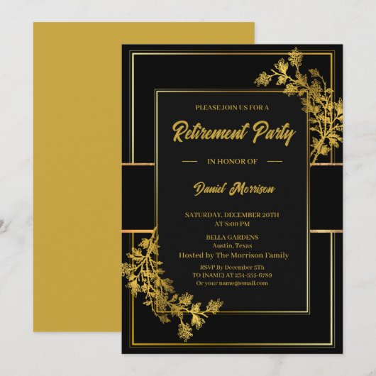 Invitation Retirement Party Elegant Black Gold 2026 (Devant / Derrière)