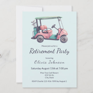 Invitation Retirement Party Pink Golf Cart Watercolor 