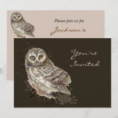 Invitation Retour à la nature, hibou, oiseau, fête d'annivers (Devant / Derrière)
