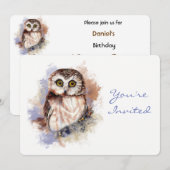 Invitation Retour à la nature, hibou, oiseau, fête d'annivers (Devant / Derrière)