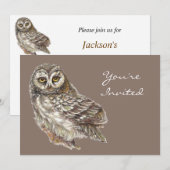 Invitation Retour à la nature, hibou, oiseau, fête d'annivers (Devant / Derrière)