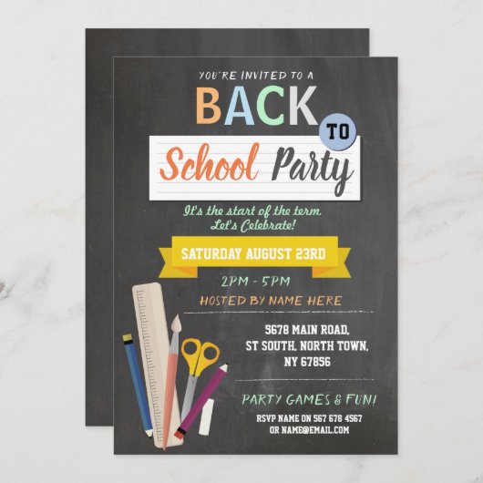 Invitation Retour À L'École Fête Enseignant Chalkboard Fun In (Devant / Derrière)