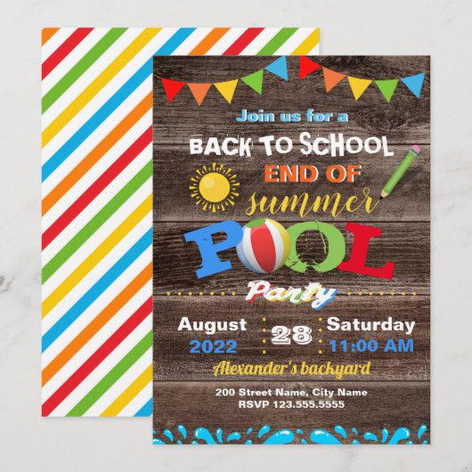 Invitation Retour à l'école Fin de la fête de la piscine d'ét (Devant / Derrière)