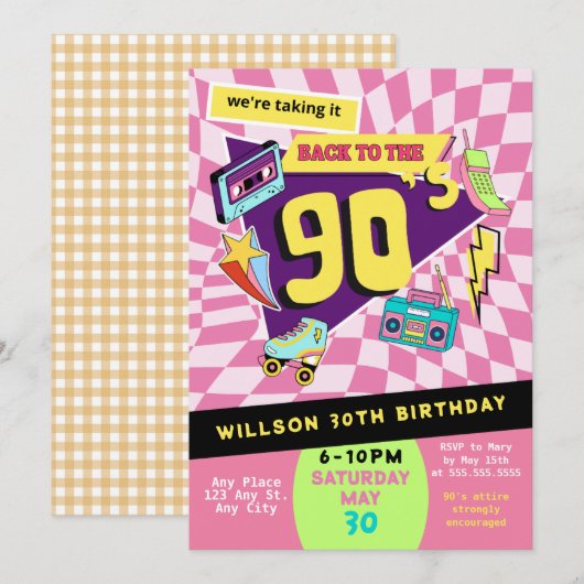 Invitation Retour aux années 90 Moderne Retro Neon 30e annive (Devant / Derrière)