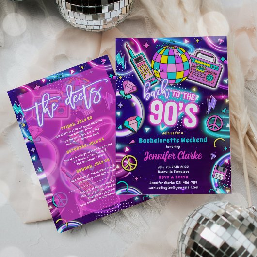 Invitation Retour aux années 90 Soirée Bachelorette néon disc