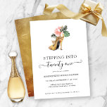Invitation Retour En 21 Talons D'Or Floral Chic Anniversaire<br><div class="desc">Moderne, élégant, "Stepping Into 21" Chic Floral Gold Heels Anniversaire Invitation de fête mettant en vedette notre glamour aquarelle brillante talon or haut entouré de fleurs tropicales rose et verte. L'arrière - plan est un luxueux lave-or aquarelle. Facile à customiser avec vos informations pour une invitation simple et élégante de...</div>