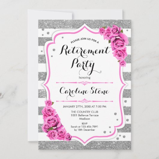 Invitation Retraite - Argent Blanc Tirages Roses Rose (Devant)