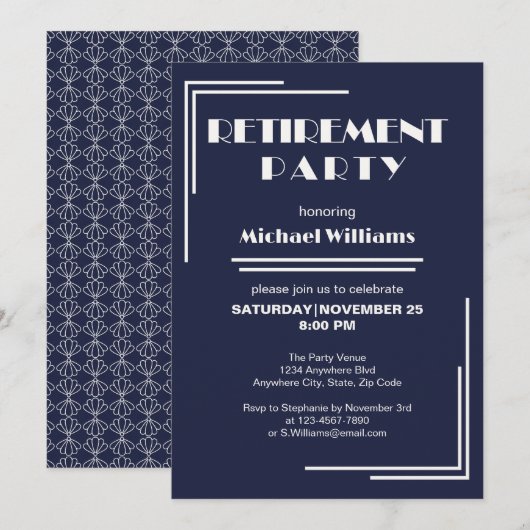Invitation Retraite Art Déco Retro Bleu Blanc (Devant / Derrière)