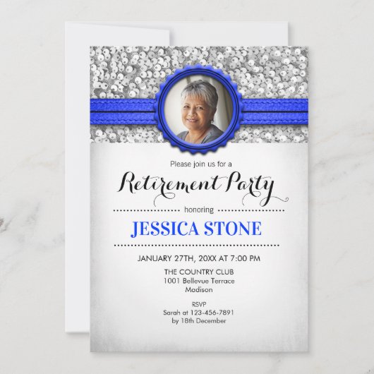 Invitation Retraite avec photo - Royal Blue Silver (Devant)