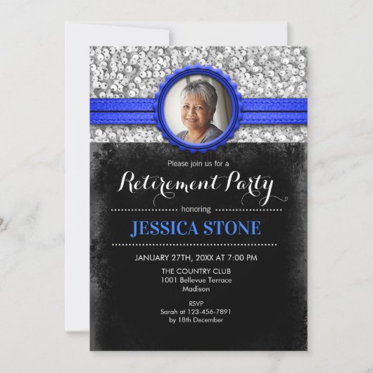 Invitation Retraite avec photo - Royal Blue Silver (Devant)