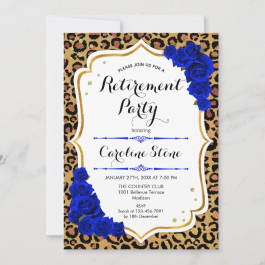 Invitation Retraite - Empreinte de léopard Royal Blue Gold (Devant)