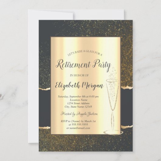 Invitation Retraite en verre de Champagne Gold Confetti éléga (Devant)
