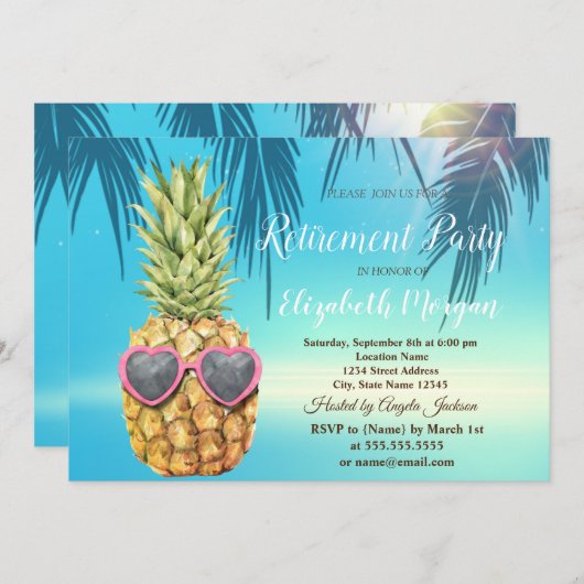 Invitation Retraite Feuille de palmier Tropical Cool Ananas (Devant / Derrière)