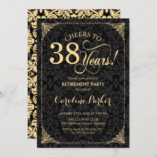 Invitation Retraite - Gold Black Damask (Devant / Derrière)