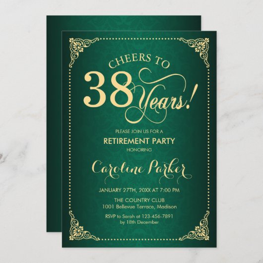 Invitation Retraite - Gold Green Damask (Devant / Derrière)