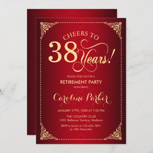 Invitation Retraite - Gold Red Damask (Devant / Derrière)