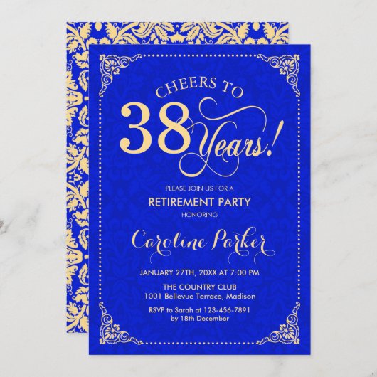 Invitation Retraite - Gold Royal Blue Damask (Devant / Derrière)
