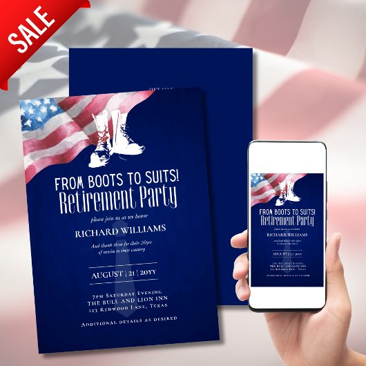 Invitation RETRAITE MILITAIRE des bottes au drapeau américain