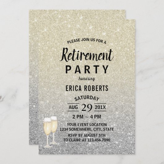 Invitation Retraite moderne ivoire et Parties scintillant arg (Devant / Derrière)