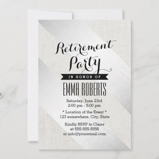 Invitation Retraite Party Moderne Argent Stripes Faux Linen (Devant)