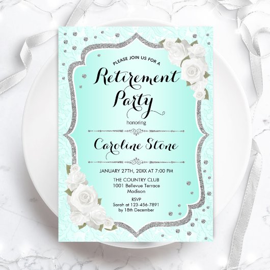 Invitation Retraite - Roses blanches en argent turquoise