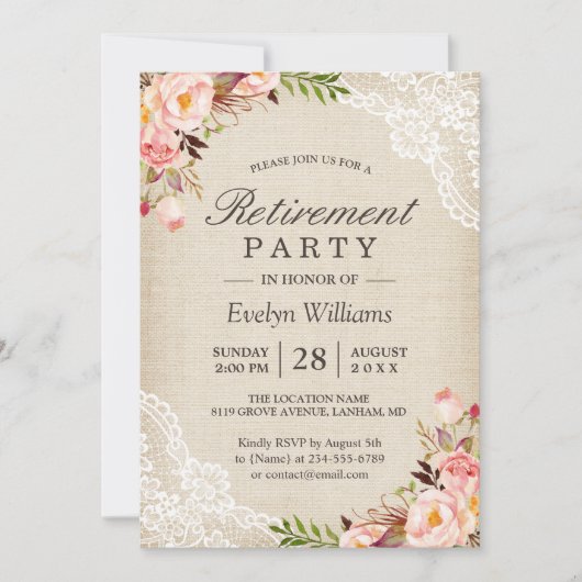 Invitation Retraite - Rustique Floral Ivory Burlap Lace (Devant)