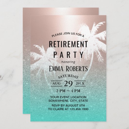 Invitation Retraite Tropical Palm Tree Rose Or & Turquoise (Devant / Derrière)