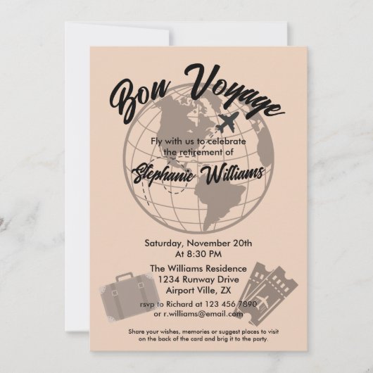Invitation Retraite Voyage Thème Partie Bon Voyage Globe (Devant)