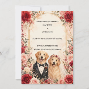 Invitation Retriever doré personnalisé avec roses rouges et r