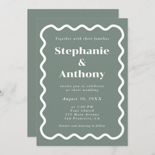 Invitation Retro 1950 Wavy Edge Sage Green Mariage (Devant / Derrière)