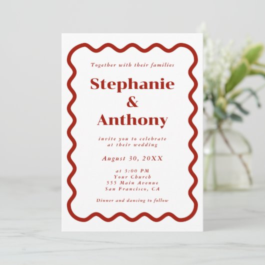 Invitation Retro 1950s Wavy Edge Mariage rouge foncé (Debout devant)