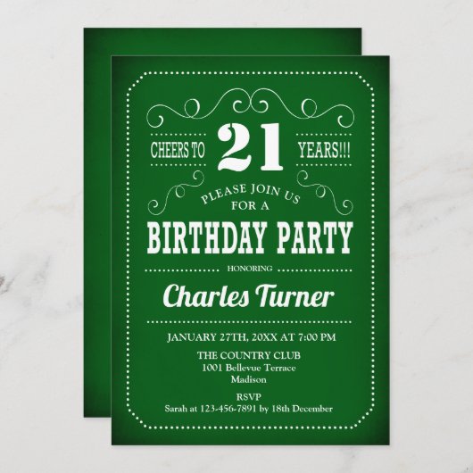 Invitation Retro 21e fête d'anniversaire - Blanc Vert (Devant / Derrière)