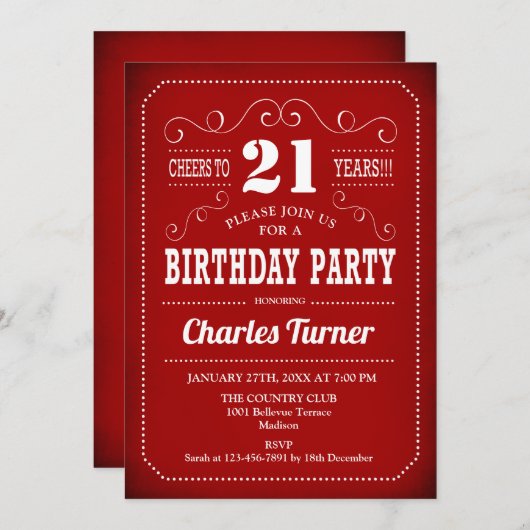Invitation Retro 21e fête d'anniversaire - Rouge Blanc (Devant / Derrière)